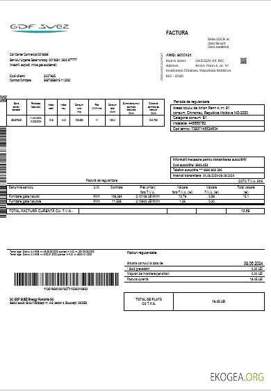 Modèle de facture de services publics pour les entreprises de gaz de Moldavie aux formats Word et PDF